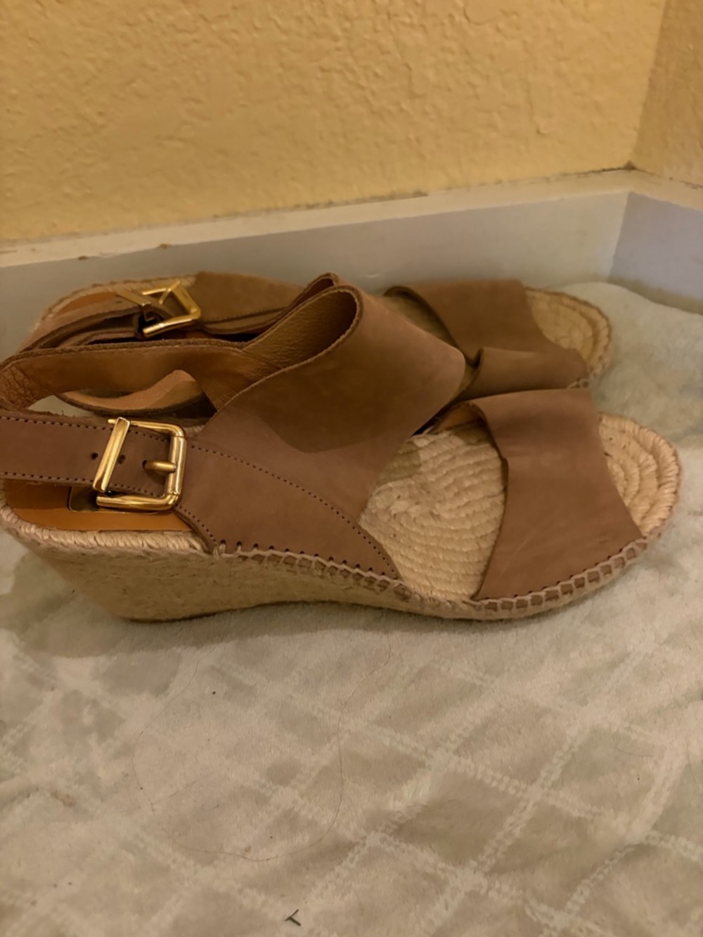 kanna Tan Suede Wedge Espadrille Sandals with Gold Buckle